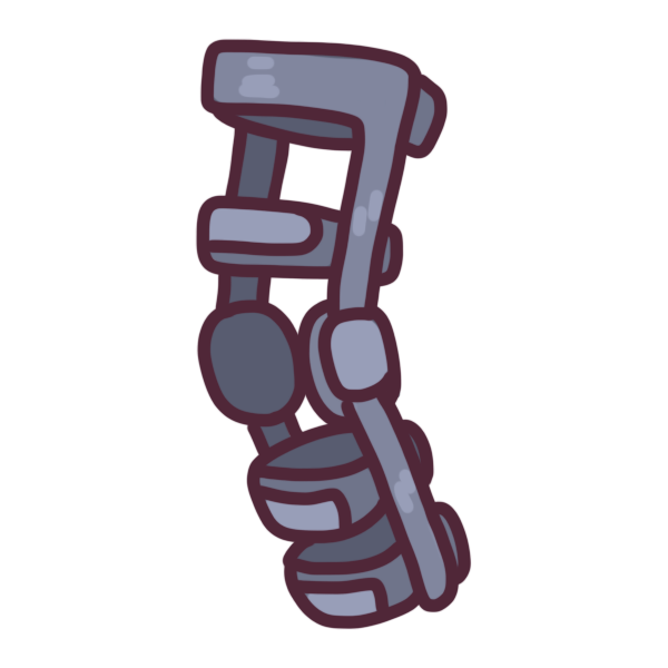 A rigid KAFO knee brace drawn in muted purple.
